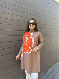 Cloche CL3268 Orange Çiçek Desenli Uzun Kazak