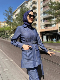 Cloche CL3395 Mavi Linda Kuşaklı Ceket