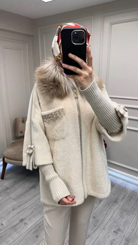 Etrucci 7210 Açık Bej Kürklü Angora Kısa Kaban