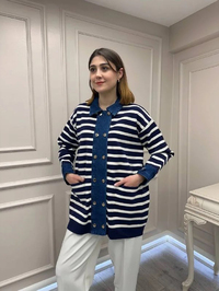 Exquise E26Y06225002 Lacivert Beyaz Gaetan Triko Hırka