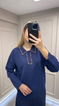 Ghisa 26KOBTNK4144 Lacivert Yakası Taşlı Tunik