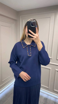 Ghisa 26KOBTNK4144 Lacivert Yakası Taşlı Tunik