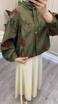 Ghisa 3610C3420 Yeşil İşleme Detaylı Kısa Ceket