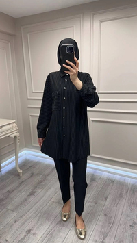 Ghisa 3610T4299 Siyah Çizgi ve Cep Detaylı Tunik