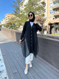 Ghisa 4KOBHRK3669 Siyah Yanları Şifon Kumaşlı Triko Hırka