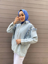 Ghisa 4YGSCKT3744 Açık Mavi Yakası Fırfır Detaylı Kot Ceket