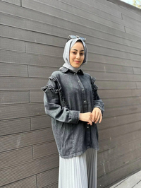 Ghisa 4YGSCKT3744 Gri Yakası Fırfır Detaylı Kot Ceket