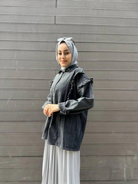 Ghisa 4YGSCKT3744 Gri Yakası Fırfır Detaylı Kot Ceket