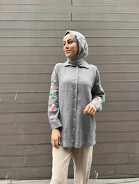 Ghisa 4YGSTNK4487 Gri Kolları Nakışlı Keten Tunik