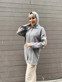 Ghisa 4YGSTNK4487 Gri Kolları Nakışlı Keten Tunik