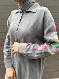 Ghisa 4YGSTNK4487 Gri Kolları Nakışlı Keten Tunik