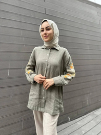 Ghisa 4YGSTNK4487 Haki Kolları Nakışlı Keten Tunik