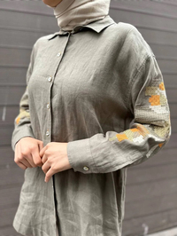 Ghisa 4YGSTNK4487 Haki Kolları Nakışlı Keten Tunik