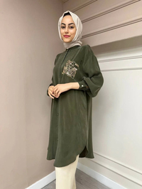 Ghisa 4YGSTNK4668 Haki Yaka Detaylı Ara Boy İpek Tunik
