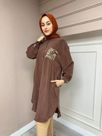 Ghisa 4YGSTNK4668 Kahve Yaka Detaylı Ara Boy İpek Tunik