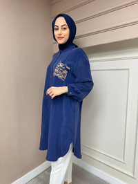Ghisa 4YGSTNK4668 Lacivert Yaka Detaylı Ara Boy İpek Tunik