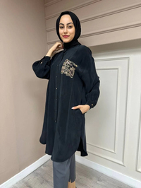 Ghisa 4YGSTNK4668 Siyah Yaka Detaylı Ara Boy İpek Tunik
