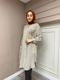 Ghisa 4YGSTNK4668 Vizon Yaka Detaylı Ara Boy İpek Tunik