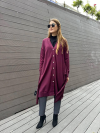 Ghisa 5KOBHRK3669 Bordo Şifon Kumaş Detaylı Uzun Hırka