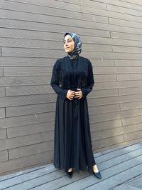 Heddy & Nurcan Çetin 7601 Siyah Omuzları Püskül Detaylı İkili Abaya
