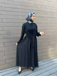 Heddy & Nurcan Çetin 7601 Siyah Omuzları Püskül Detaylı İkili Abaya