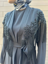 Heddy & Nurcan Çetin 7601 Siyah Omuzları Püskül Detaylı İkili Abaya