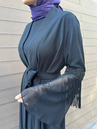 Heddy & Nurcan Çetin 7603 Siyah Kolu Püskül Detaylı İkili Abaya