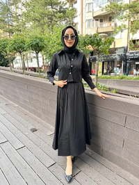 HNS 5210 Siyah Midi Ceket Etekli Takım