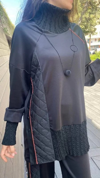 Hukka Design 040029 Siyah Örgü Yaka Kapitone Detaylı Bluz