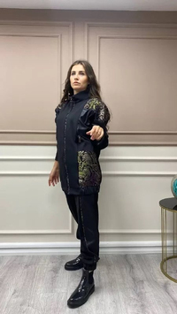 Hukka Design 050003 Siyah Desen Şeritli Deri Pantalon