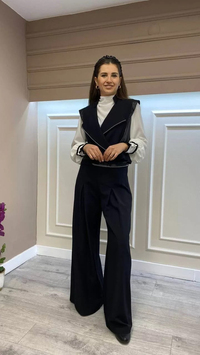 Hukka Design 050022 Siyah Zımba Detaylı Kemerli Pantolon