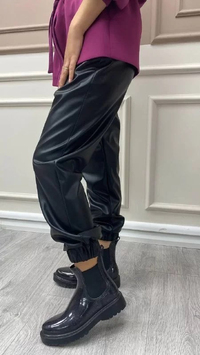 Hukka Design 050038 Siyah Deri Paçası Lastikli Pantalon