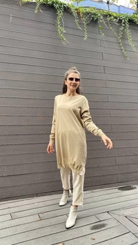 İnvee 5860 Bej Yanı Şifon Triko Tunik