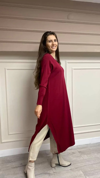 İnvee 6001 Bordo Yanı Yırtmaçlı Tunik