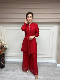 İnvee 6352 Kırmızı Güpürlü Pantolonlu Takım