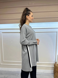 İnvee 6367 Gri Yanı Renkli Şerit Detaylı Triko