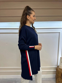İnvee 6367 Lacivert Yanı Renkli Şerit Detaylı Triko