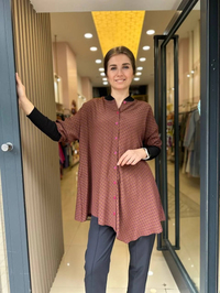 İnvee 6452 Kahve-Fuşya Puantiye Desenli Tunik