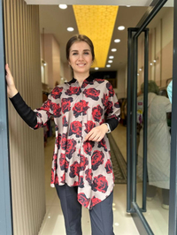 İnvee 6452 Siyah-Camel Gül Desenli Tunik