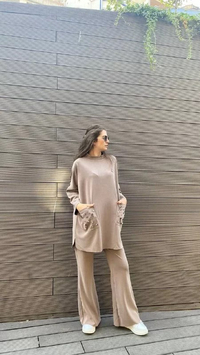 İnvee 6699 Koyu Bej Cepleri Taş Detaylı Takım