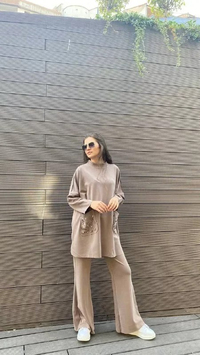 İnvee 6699 Koyu Bej Cepleri Taş Detaylı Takım