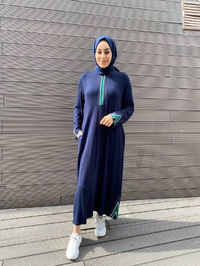 İnvee 6754 Lacivert Yaka Ve Kol Detaylı Elbise