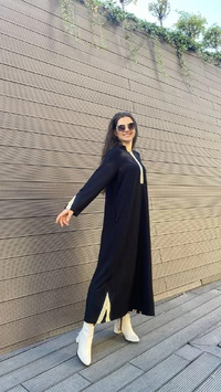 İnvee 6754 Siyah Yaka Ve Kol Detaylı Elbise