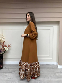 İnvee 6807 Kahve Eteği Fırfırlı Elbise
