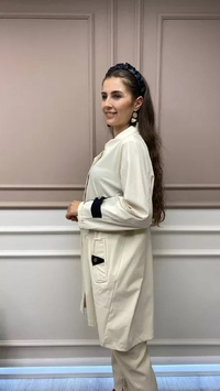 İnvee 6829 Vanilya İki Renk Detaylı Fermuarlı Tunik