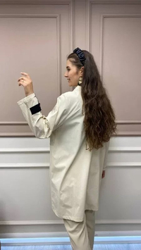 İnvee 6829 Vanilya İki Renk Detaylı Fermuarlı Tunik