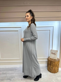 İnvee 6931 Gri Kolları Şerit Detaylı Triko Elbise