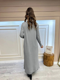 İnvee 6931 Gri Kolları Şerit Detaylı Triko Elbise