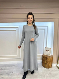 İnvee 6931 Gri Kolları Şerit Detaylı Triko Elbise
