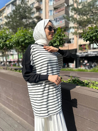 İnvee 6952 Ekru Çizgili Penye Tunik